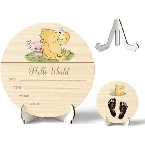 Winnie Baby - Letrero de anuncio de bebé, letrero de nacimiento de madera para recién nacido, letrero de nombre de The Hello World para hospital, regalo para la nueva mamá baby shower, placa con
