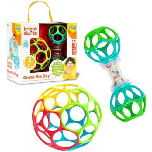 Bright Starts Easy-Grasp Oball Bundle Gift Set - Grasp The Day, Ball and Rattle Toys 2-Pack, BPA Free, Unisex, Newborn+