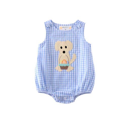 Blue plaid dog applique boy bubble