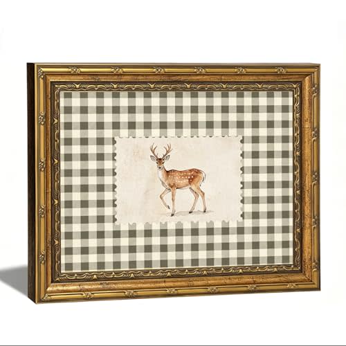 Vintage Gold Framed Deer Canvas Wall Art Woodland Baby Deer Print Wall Decor Vintage Rustic Green Gingham Farmhouse Animal Painting Picture for Living Room Kitchen Bedroom Nursery Decor 9x11in