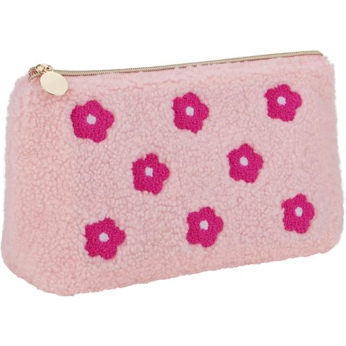 Ineowelly Cute Makeup Bag for Women, Teddy Makeup Pouch with Chenille Letter Patches, Cosmetic Pouch Chenille Letter Bag with Zipper,Preppy Makeup Bag for School Office Travel (Pink-Flower)