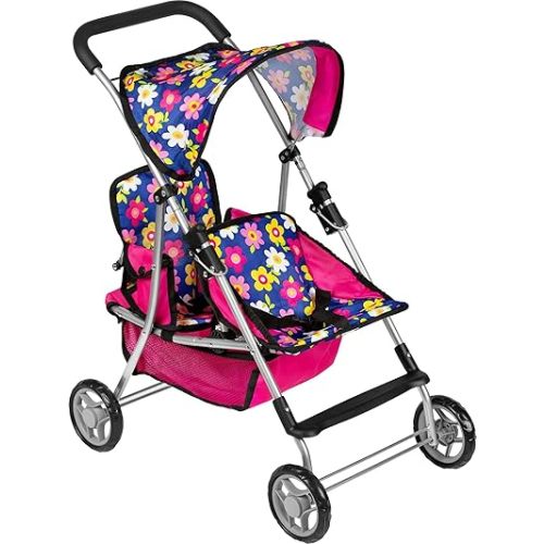fash n kolor Twin Baby Doll Stroller - Pretend Play Baby Stroller for Dolls - Toy Stroller with Storage Basket for Baby Doll Accessories Set - Flower Design Stroller Toy for Kids - Folds Easily