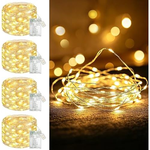 btfarm 4 Pack Fairy Lights Battery Operated with Timer, 16FT 50LED Twinkle String Lights USB Powered, 8 Mode Dimmable Cuttable Wire Light Waterproof for Indoor Bedroom Wedding Christmas, Warm White