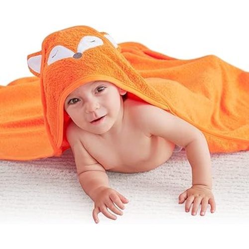 Touchat Hooded Baby Towels, Soft and Hypoallergenic Baby Bath Towels with Hood for Toddler Infant Newborn, Large and Absorbent Toddler Towels for Baby Boy Girl (Fox Kit, 35.1''x35.1'')