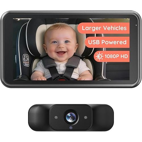 Babyvue BV5 Baby Car Camera 1080P, Dual USB Powered for Large Vehicles, IR Night Vision, 5.2” Display with Rear-Facing Car Seat Camera, Easy Installation for Infant & Toddler