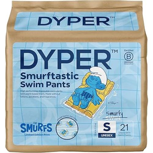DYPER Smurftastic Baby Swim Diapers (21 Count), Hypoallergenic Plant-Based Baby Swim Diaper | Eco-Friendly & Absorbent Swimming Diapers for Babies, Size S