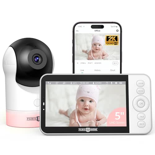 PARIS RHÔNE Video Baby Monitor, 2K UHD WiFi Camera, Night Vision, 5” Smart Baby Monitor with App Control, Motion and Cry Detection, AI Tracking, Three-Way Audio, RGB Night Light, Lullabies