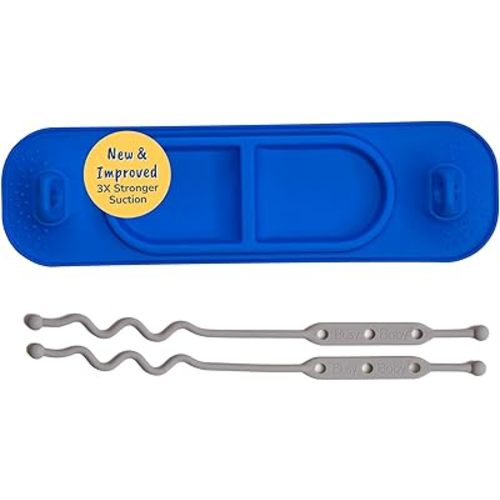 BUSY BABY Silicone Mini Mat - NEW and Improved Suction Cups, 2 Straps to Secure Baby Essentials, Self Feeding, Baby Led Weaning, Travel Wet Bag Included (Blue Mini)