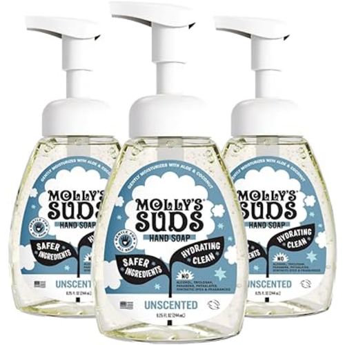 Molly's Suds Foaming Hand Soap - Made with Aloe and Coconut Oil | Moisturizing Hand Wash | Clean Ingredients, Infused with Essential Oils | Unscented - 8.25 Oz (Pack of 3)