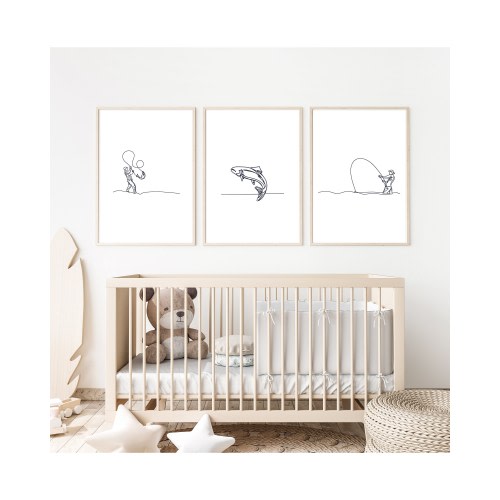 Fishing Nursery Prints, Minimalist Line Art, Baby Boy Decor