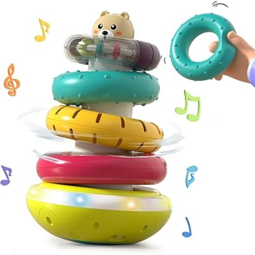 Baby Ring Stacker Toy with Lights, Musical Stacking Toys for Toddlers 1-3, Automatic Rotating Montessori Toys for Babies 6-12 Months, Early Learning Toy 1 Year Old Boy and Girl Gifts