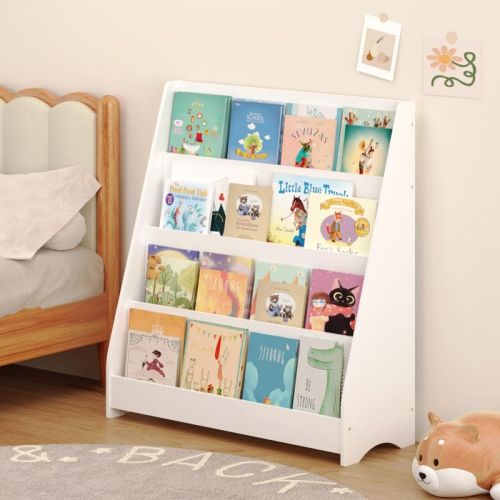 KWPZQEB Bookshelf for Kids, Montessori Bookshelf Toddler Bookcase 4-Tiers, Storage Display Rack Organizer Holder for Playrooms, Nursery, White