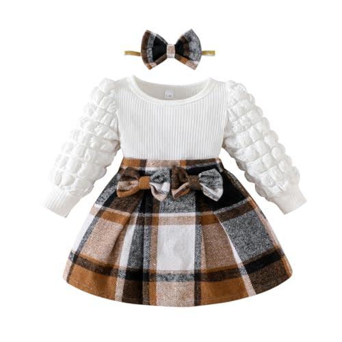 Toddler Baby Girl Plaid Dress Puff Sleeve Bow Patchwork Ribbed Shirts Dress Plaid Fall Winter Outfits with Headband