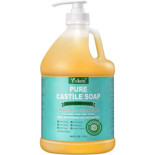 Yoken EWG Verified Organic Castile Soap Liquid (Unscented, 64 oz) Pure Castile Liquid Soap Made With Organic Oil, Clean & Gentle, Natural Castor Oil Soaps for Body & Face Wash, Hands, Dishes, Laundry