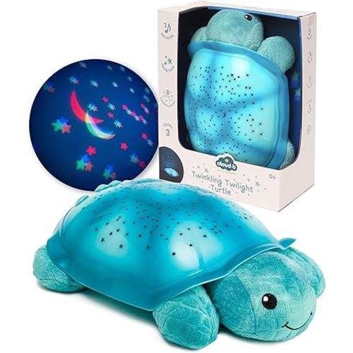 Comforting Nightlight Star Projector w/ Soothing Sounds | Gentle Brightness | 3 Colors | Auto-Shutoff | Twinkling Twilight Turtle Aqua