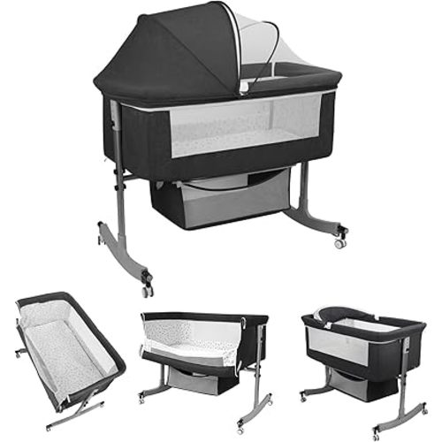 Bedside Bassinet Baby Crib, 3-in-1 Bedside Crib with Storage Basket, 6 Levels Height Adjustable Baby Bassinet with Mosquito Net and Wheels, Portable Newborn Infant Cradle Black