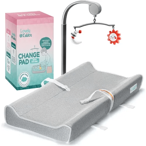 Changing Pad - Foam Contoured Baby Changing Pad for Dresser, Washable Soft & Removable Non-Slip Outer Cover + Inner Waterproof Lining, Bonus Portable Toy Bar with Music Mode Included
