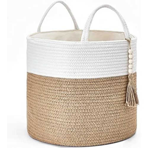 Mkono Woven Storage Basket Decorative Natural Rope Basket Wooden Bead Decoration for Blankets,Toys,Clothes,Shoes,Plant Organizer Bin with Handles Living Room Home, 16" Wx13.8 L, Cream White and Brown