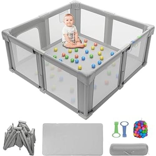 Foldable Baby Playpen, 51" Playpen for Babies and Toddlers with Mat Ocean Balls and Pull Links, Play Pen with Soft Breathable and Visible Mesh, Indoor and Outdoor Portable Play Pen, Gray