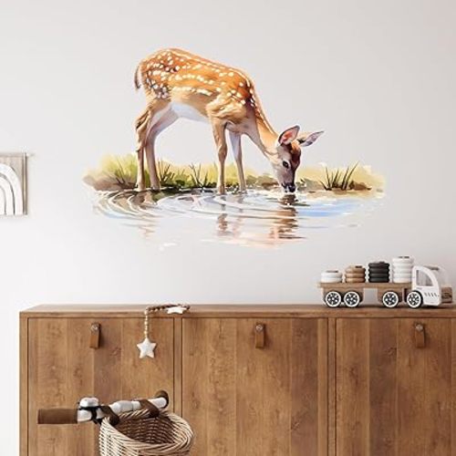 Sika Deer Drinking Water Wall Decal Nursery Woodland Animal Wall Sticker Removable Peel and Stick Wall Art Decor for Kid Baby Classroom Preschool Living Room Playroom Bedroom School