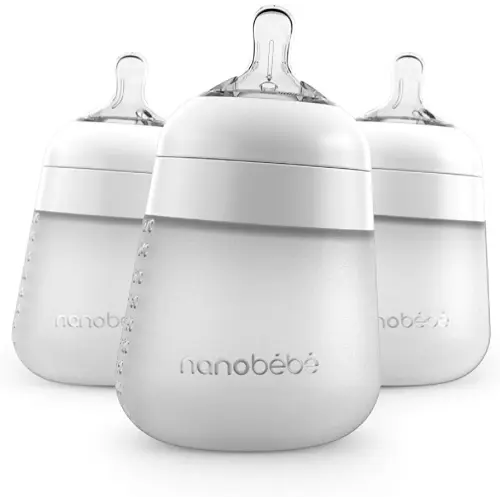 Nanobebe Flexy Silicone Baby Bottle, Anti-Colic, Natural Feel, Non-Collapsing Nipple, Non-Tip Stable Base, Easy to Clean, 3-Pack, White, 9oz