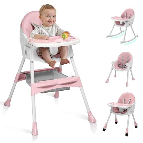 Ktaxon Baby High Chair, 6-in-1 Portable Rocking Highchair, Pink