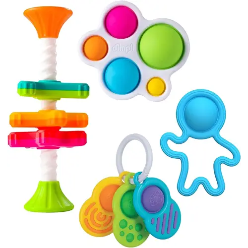 Fat Brain Diaper Bag Essentials, 4 Piece Dimpl Toys, Mini Spinny, Storage Bag