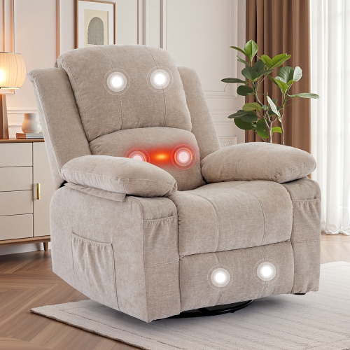 GEEYOO Swivel Rocker Recliner Chair with Massage and Heat Glider Recliner for Adults with Side Pockets Chenille for Living Room,Khaki