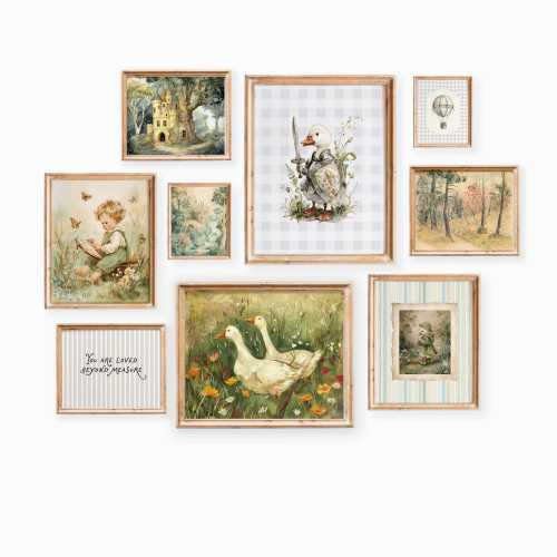 Vintage Storybook Boy Nursery Wall Art: Goose Knight, Castle, Meadow Prints (9 Piece Gallery)