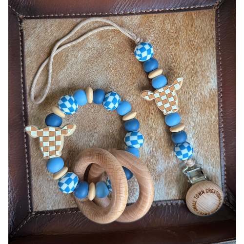 Dusty Blue Checkered Cow Teether Set