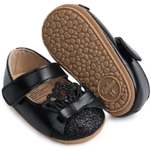Clowora Infant Toddler Baby Girl Dress Shoes Mary Jane First Walking PU Leather Princess Wedding Rubber Sole Non-Slip with Bowknot Floral Flats