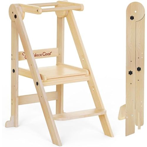 Foldable Toddler Kitchen Stool Helper, Toddler Tower with 3 Adjustable Height, Wooden Toddler Step Stool, Collapsible Toddler Tower, Toddler Stool for Kitchen and Bathroom (Nature)
