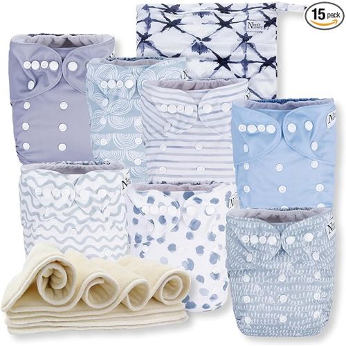Nora's Nursery Cloth Diapers 7 Pack with 7 Inserts & 1 Wet Bag - Waterproof Cover, Washable, Reusable & One Size Adjustable Pocket Diapers for Newborns and Toddlers - Something Blue