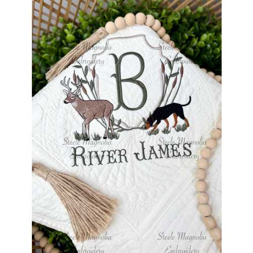 Black and Tan Coonhound Deer Hunting Dog Nursery Decor Baby Blanket Custom Heirloom Quilt Embroidered Personalized Boy Baby Shower Gift