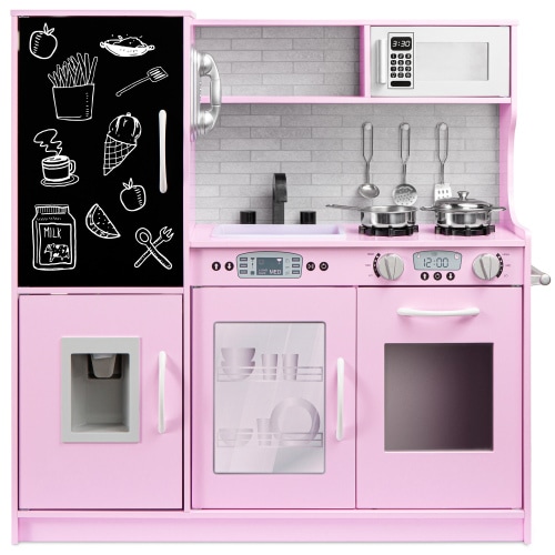 Best Choice Products Pretend Play Kitchen Wooden Toy Set for Kids w/ Telephone, Utensils, Oven, Microwave - Pink