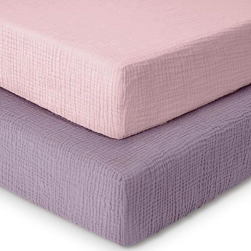 Dreamology Muslin Crib Sheet, for Baby Girls,Boys,2 Pack, Soft, Standard Crib Sheet,100% Cotton Crib Sheets for Standard Cribs, Toddler Bed Sheets, 52x28 Crib Sheets | Purple,Pink