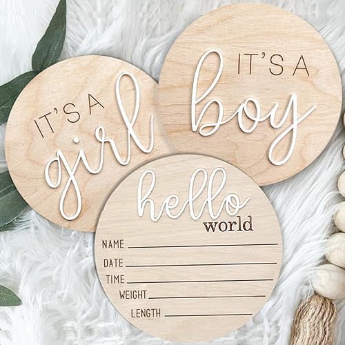 3ps Its a Boy Its a Girl Wooden Sign & Hello World - Gender Reveal, Acrylic Boy or Girl Announcement, Birth Announcement for Hospital, He or She Photography Prop, Boho Gender Reveal Decor