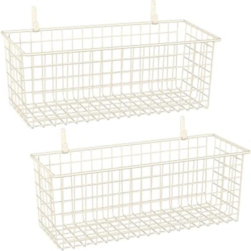 Kinlink 2 Sets White Extra Large Hanging Wall Basket with Steel Hooks