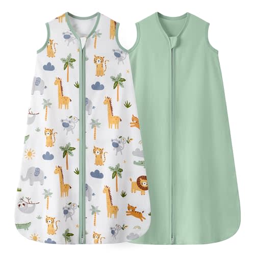 Baby Sleep Sack 0-6 Months 0.5 TOG, 100% Cotton Baby Wearable Blanket 2 Pack with 2-Way Zipper, Lightweight Sleep Bag for Boys & Girls Newborn Infant Breathable Sleeing Sack Green Animal