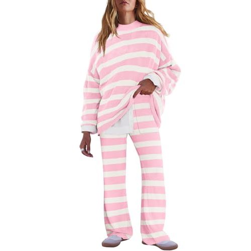 LAMISSCHE Oversized Womens Lounge Set Striped Sweater Set Long Sleeve 2 Piece Pajama Set Top and Pants with Pockets