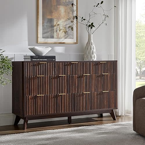 T4TREAM Fluted 7 Drawers Dresser, 54" Wide Modern Chest of Drawers, Curved Profile Design, Dresser TV Stand, Wood Drawer Organizer for Bedroom, Living Room, Hallway, Dark Walnut