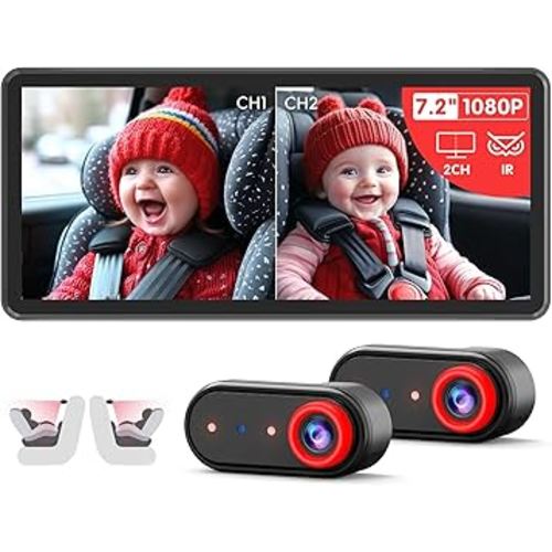 BM5PRO Double Car Camera for 2 Baby，7.2" 1080P Split Screen with IR Night Vision, Real-Time Monitoring Baby Car Camera,Easy Install, Family Travel Companion for Kids & Pets