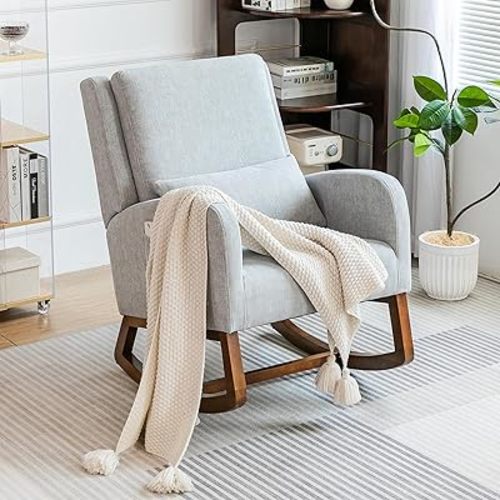 COCO DESIGN Rocking Chair Nursery Indoor with Thick Cushion, Modern Design for Living Room, Bedroom, Durable Wooden Frame with Soft Fabric, Comfortable for Reading, Gray