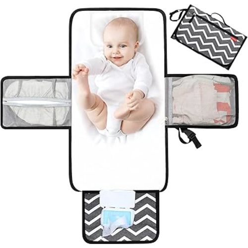 Portable Baby Changing Pad, Foldable Waterproof Diaper Changing Pad for Travel Baby Change Mat with Wipe-Pocket and Head Cushion, White Wave