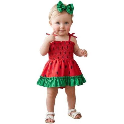 Baby Girl Watermelon Romper Smocked Tie Strap Dress Ruffle Sleeveless Bodysuit Floral Overalls Infant Summer Clothes