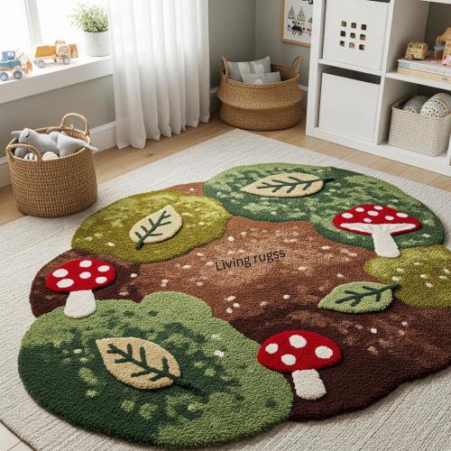 Woodland Forest Floor Rug | Mushroom and Leaf Kids Room Rug | Unique Play Rug | Nature Themed Nursery Decor | Fairy Tale Rug