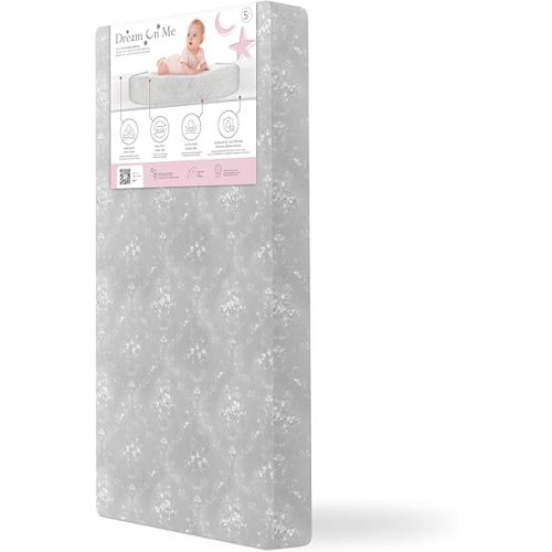 Dream On Me Snooze 2-in-1 5" Firm Fiber Crib & Toddler Mattress (52" L x 28" W), Dual-Sided, Extra Firm Thermo-Bonded Fiber Core, Waterproof & Stain Resistant, Greenguard Gold & BSA Certified - Grey