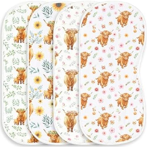 4 Pack Baby Burp Cloths for Boys Girls, Soft Cotton, Highland Cow Floral Theme Design, Super Absorbent Baby Burping Cloths for Newborns, Machine Washable and Reusable Baby Spit-Up Cloths