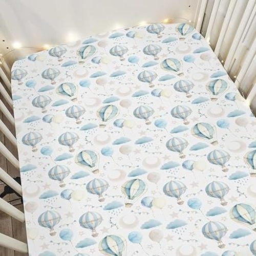 Neutral Blue Hot Air Balloons Baby Crib Sheets for Boy Girl 52"x28" Pastel Balloons Moon Stars Clouds Soft Snug Fitted Crib Mattress Cover Boho Sky Nursery Baby Sheet for Crib & Toddler Bed Mattress
