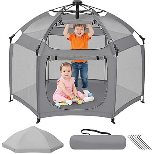 Dripex Pop Up Playpen, Foldable Pop and Go Outdoor Baby Playpen w/Built-in Safe Lock and Padded Floor, Portable Travel Play Pen and Beach Tent for Pack and Play | Removable Canopy | Travel Bag |Grey